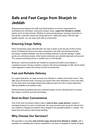 Safe and Fast Cargo from Sharjah to Jeddah