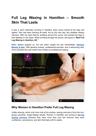 Full Leg Waxing in Hamilton | Akshara Beauty & Hair Salon