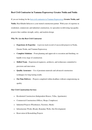 Best Civil Contractor in Yamuna Expressway Greater Noida and Noida