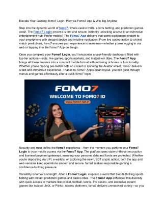 Elevate Your Gaming: fomo7 Login, Play via Fomo7 App & Win Big Anytime