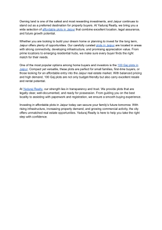 Affordable Plots in Jaipur – 100 Gaj Plots Available | Yaduraj Realty