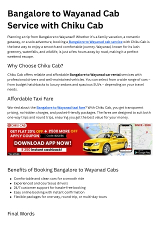 Bangalore to Wayanad Cab Service with Chiku Cab