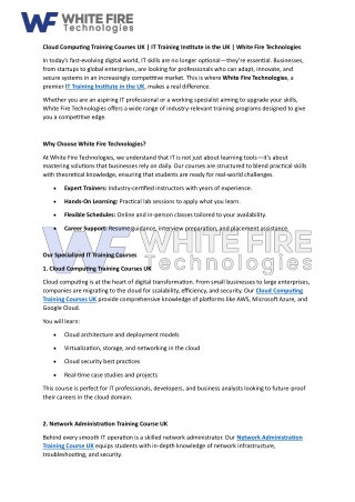 Cloud Computing Training Courses UK - IT Training Institute in the UK - White Fire Technologies