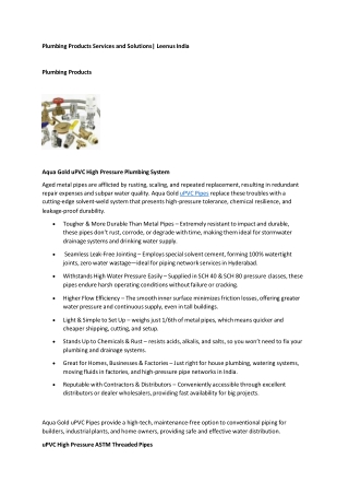 Plumbing Products Services and Solutions| Leenus India