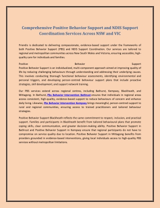 Comprehensive Positive Behavior Support and NDIS Support Coordination Services A