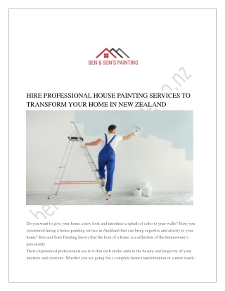 HIRE PROFESSIONAL HOUSE PAINTING SERVICES TO TRANSFORM YOUR HOME IN NEW ZEALAND