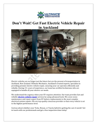 Don’t Wait! Get Fast Electric Vehicle Repair in Auckland