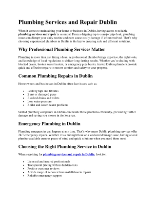 Plumbing Services and Repair Dublin