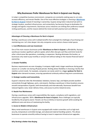 Why Businesses Prefer Warehouse for Rent in Gujarat over Buying