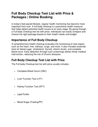 Full Body Checkup Test List with Price & Packages | Online Booking
