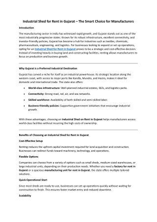 Industrial Shed for Rent in GujaratIndustrial Shed for Rent in Gujarat – The Smart Choice for Manufacturers