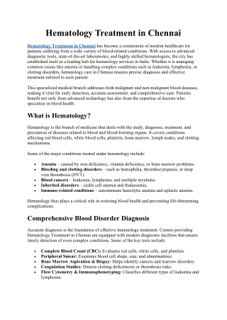 Hematology Treatment in Chennai