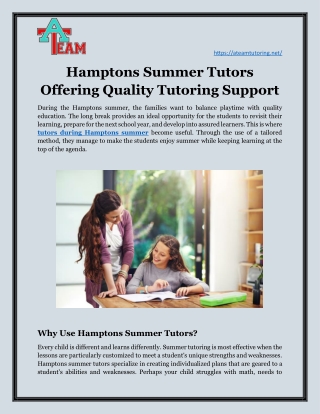 Hamptons Summer Tutors Offering Quality Tutoring Support