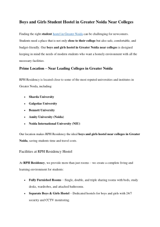 Boys and Girls Student Hostel in Greater Noida Near Colleges