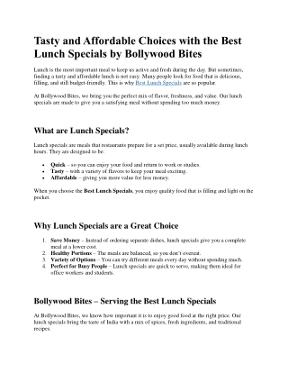 Tasty and Affordable Choices with the Best Lunch Specials by Bollywood Bites