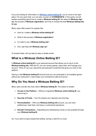 Winbuzz Online Betting ID – Complete Guide for Registration, Sign Up, and Safe Use