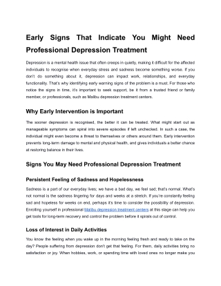 Early Signs That Indicate You Might Need Professional Depression Treatment