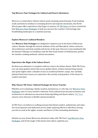 Top Morocco Tour Packages for Cultural and Desert Adventures