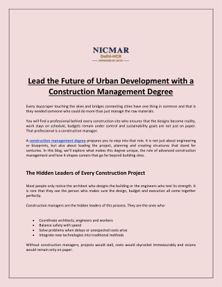Lead the Future of Urban Development with a Construction Management Degree