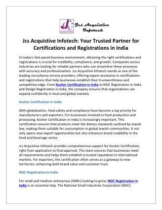 Jcs Acquistive Infotech Your Trusted Partner for Certifications and Registrations in India