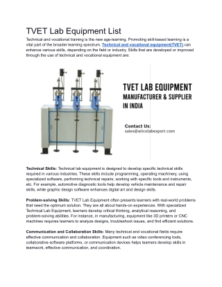 TVET Lab Equipment Manufacturer and Supplier In India