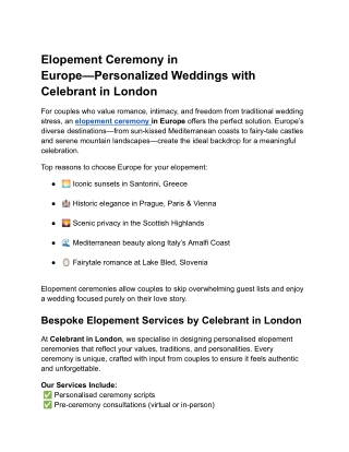Elopement Ceremony in Europe—Personalized Weddings with Celebrant in London