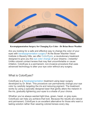 Keratopigmentation Surgery to Change the Color of Your Eyes Instantly with Color