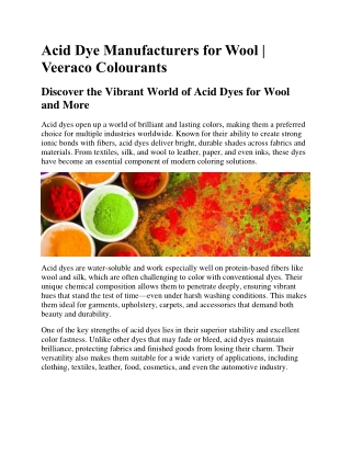 Acid Dye Manufacturers for Wool | Veeraco Colourants