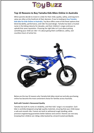 Top 10 Reasons to Buy Yamaha Kids Bikes Online in Australia