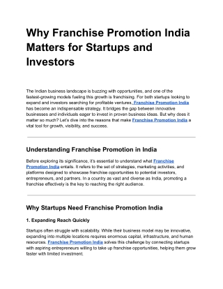 Why Franchise Promotion India Matters for Startups and Investors