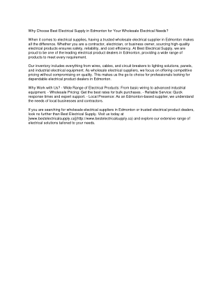 Why Choose Best Electrical Supply in Edmonton for Your Wholesale Electrical Nee