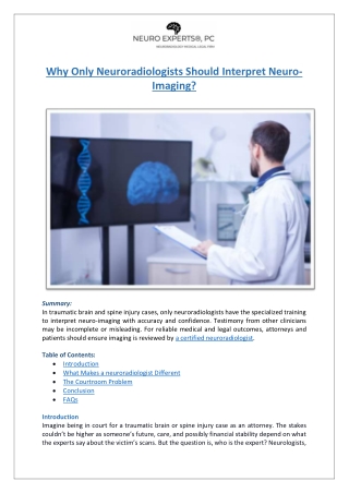 Neuroradiologists The Key to Reliable Neuro-Imaging Testimony