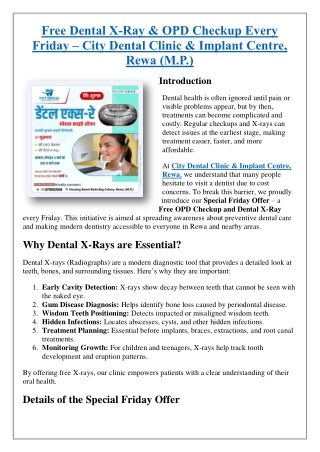 Free Dental X-Ray & OPD Checkup Every Friday – City Dental Clinic & Implant Centre, Rewa (M.P.)