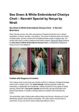 Sea Green & White Embroidered Chaniya Choli – Navratri Special by Navya by Nirali