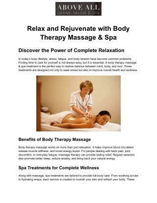 Relax and Rejuvenate with Body Therapy Massage & Spa