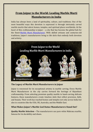 From Jaipur to the World Leading Marble Murti Manufacturers in India