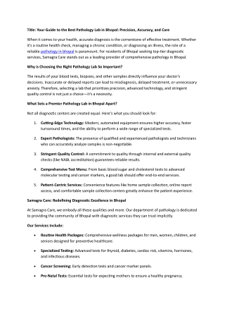 Your Guide to the Best Pathology Lab in Bhopal: Precision, Accuracy, and Care