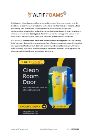 Reliable Clean Room Door Manufacturer in Gurugram, India – Altif Foams