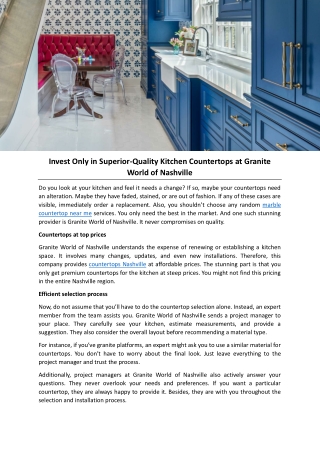 Invest Only in Superior-Quality Kitchen Countertops at Granite World of Nashvill