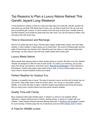 Luxury Nature Retreat This Gandhi Jayanti | Resorts by the Baagh