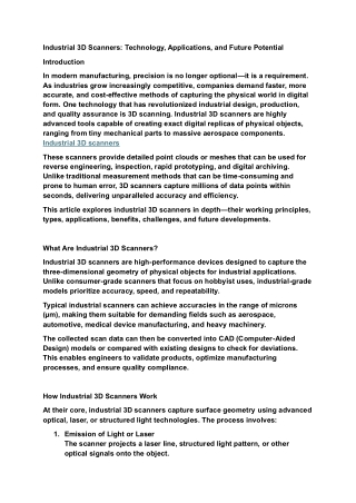 Industrial 3D Scanners: Technology, Applications, and Future Potential