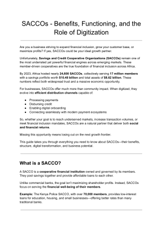 SACCOs - Benefits, Functioning, and the Role of Digitization