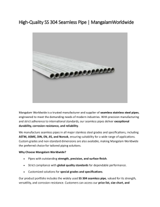 High-Quality SS 304 Seamless Pipe