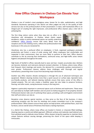 How Office Cleaners in Chelsea Can Elevate Your Workspace