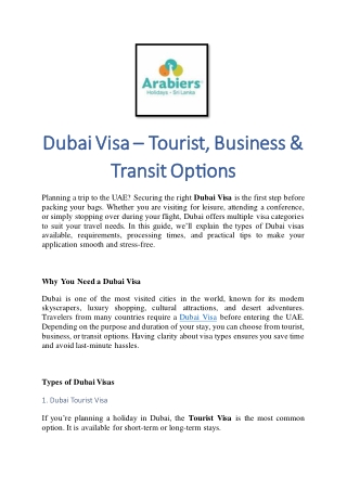 Dubai Visa – Tourist, Business & Transit Options