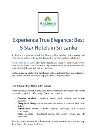 Experience True Elegance Best 5 Star Hotels in Sri Lanka