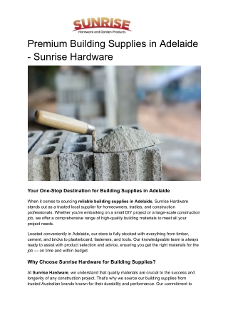 Premium Building Supplies in Adelaide - Sunrise Hardware