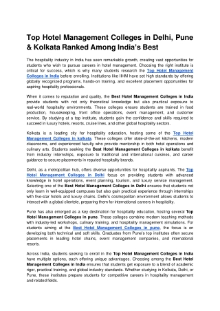 Top Hotel Management Colleges in Delhi, Pune & Kolkata Ranked Among India’s Best (1)