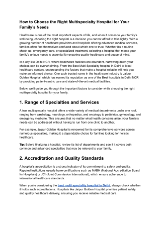 How to Choose the Right Multispecialty Hospital for Your Family’s Needs