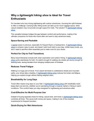 Why a lightweight hiking shoe is Ideal for Travel Enthusiasts